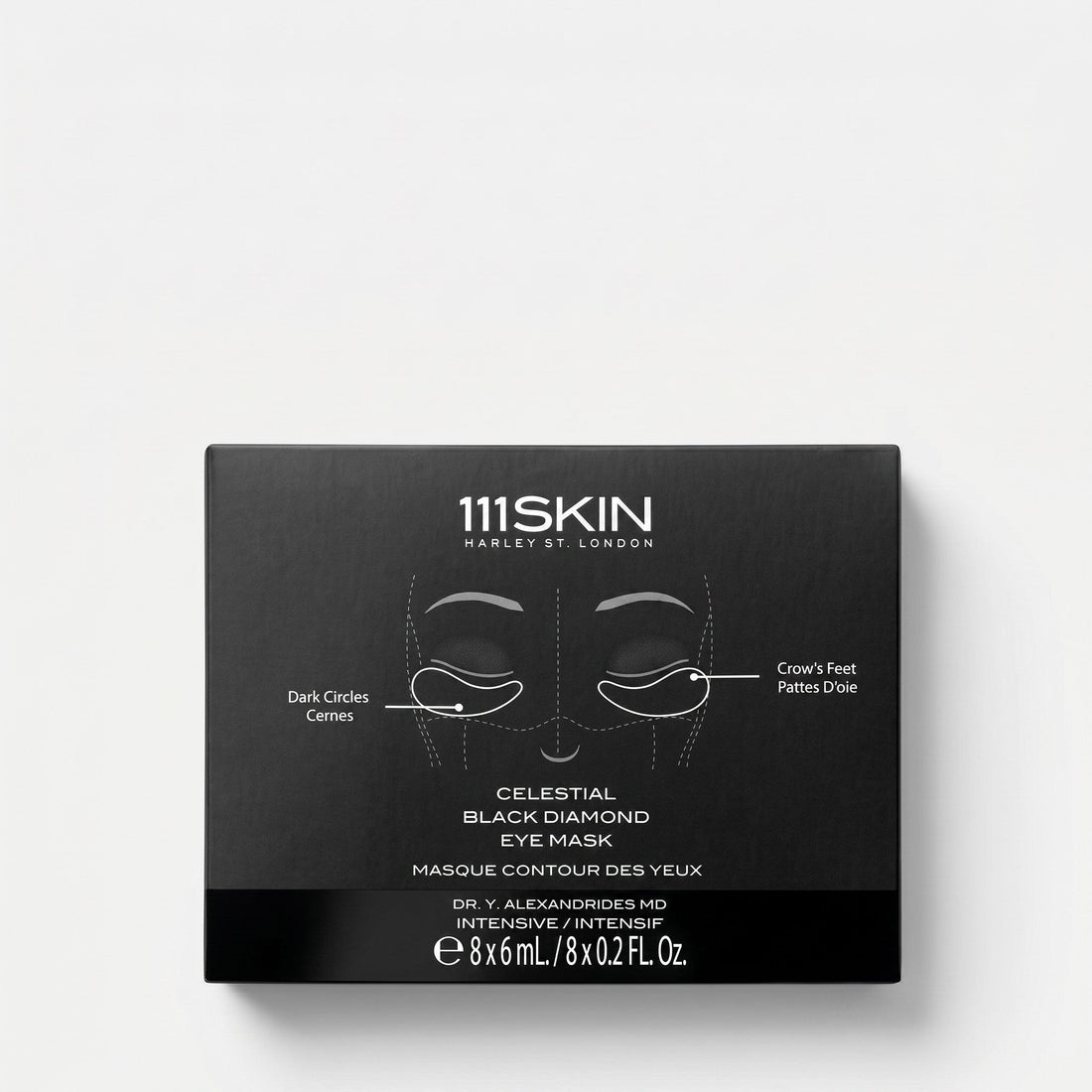 Shop Rescue Spa 111SKIN Celestial Black Diamond Eye Mask box featuring a diagram for dark circles and crow&
