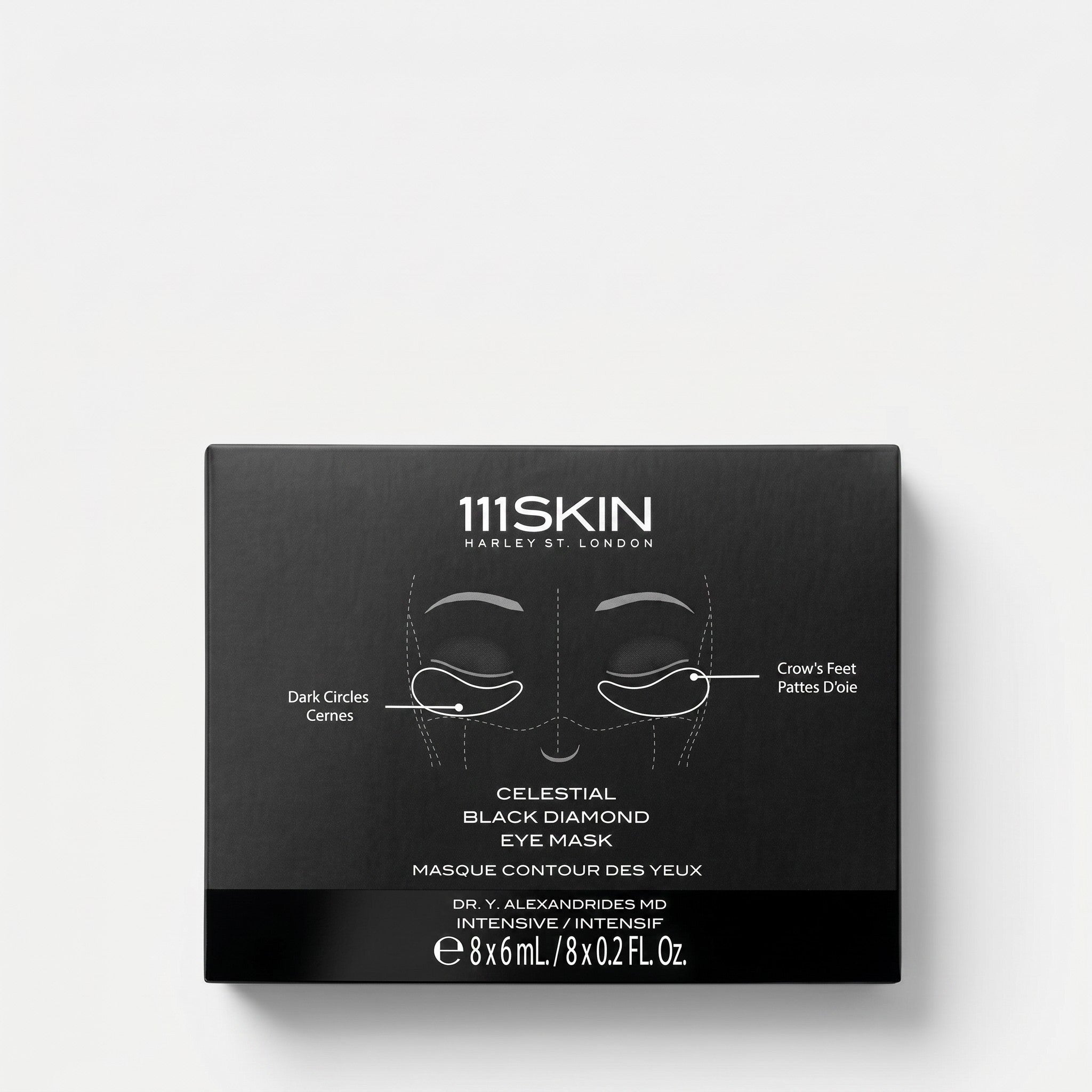 Shop Rescue Spa 111SKIN Celestial Black Diamond Eye Mask box featuring a diagram for dark circles and crow&