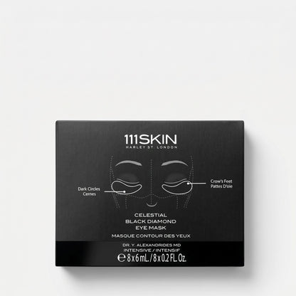 Shop Rescue Spa 111SKIN Celestial Black Diamond Eye Mask box featuring a diagram for dark circles and crow&