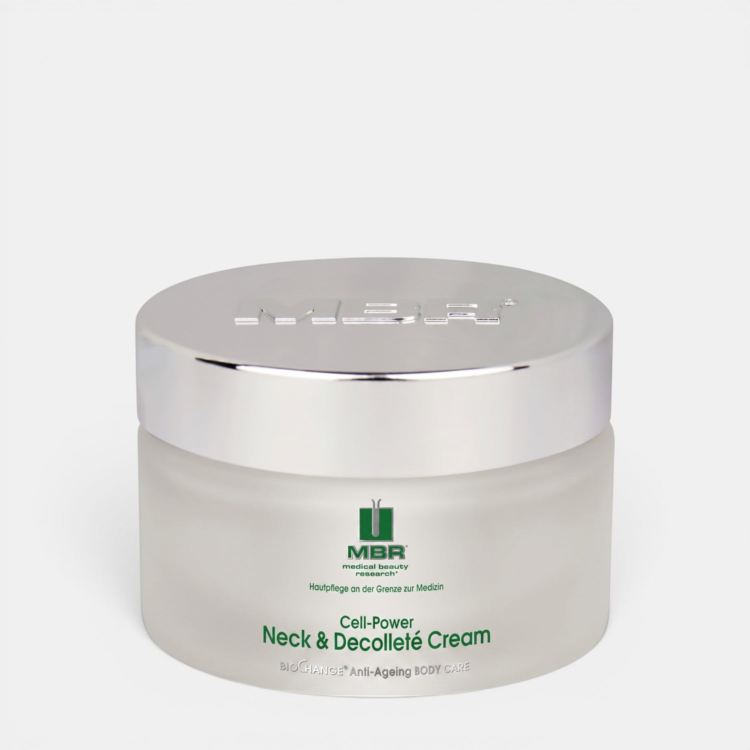 Shop Rescue Spa MBR Cell-Power Neck &amp; Decollete Cream in a frosted glass jar with a silver lid.
