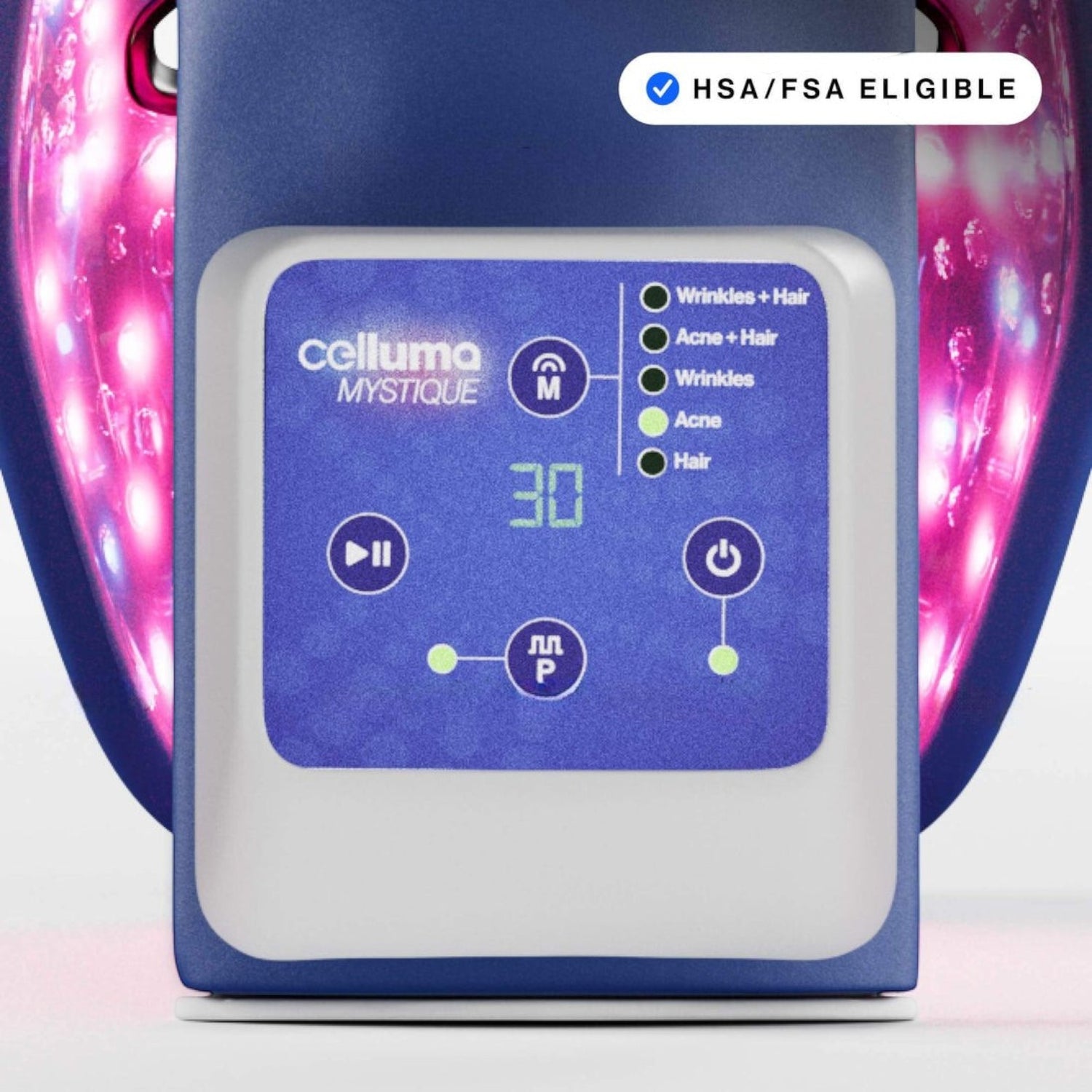 Shop Rescue Spa Celluma Mystique LED mask controller showing treatment modes and timer with glowing red light inside