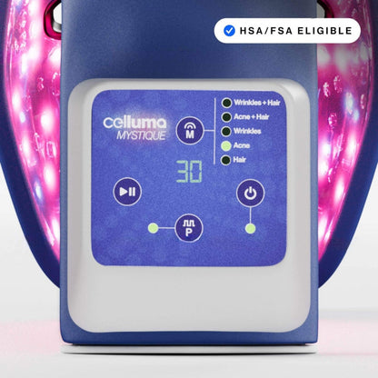 Shop Rescue Spa Celluma Mystique LED mask controller showing treatment modes and timer with glowing red light inside