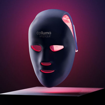 Shop Rescue Spa Celluma Mystique LED mask for face and scalp treatment with glowing red light therapy technology.
