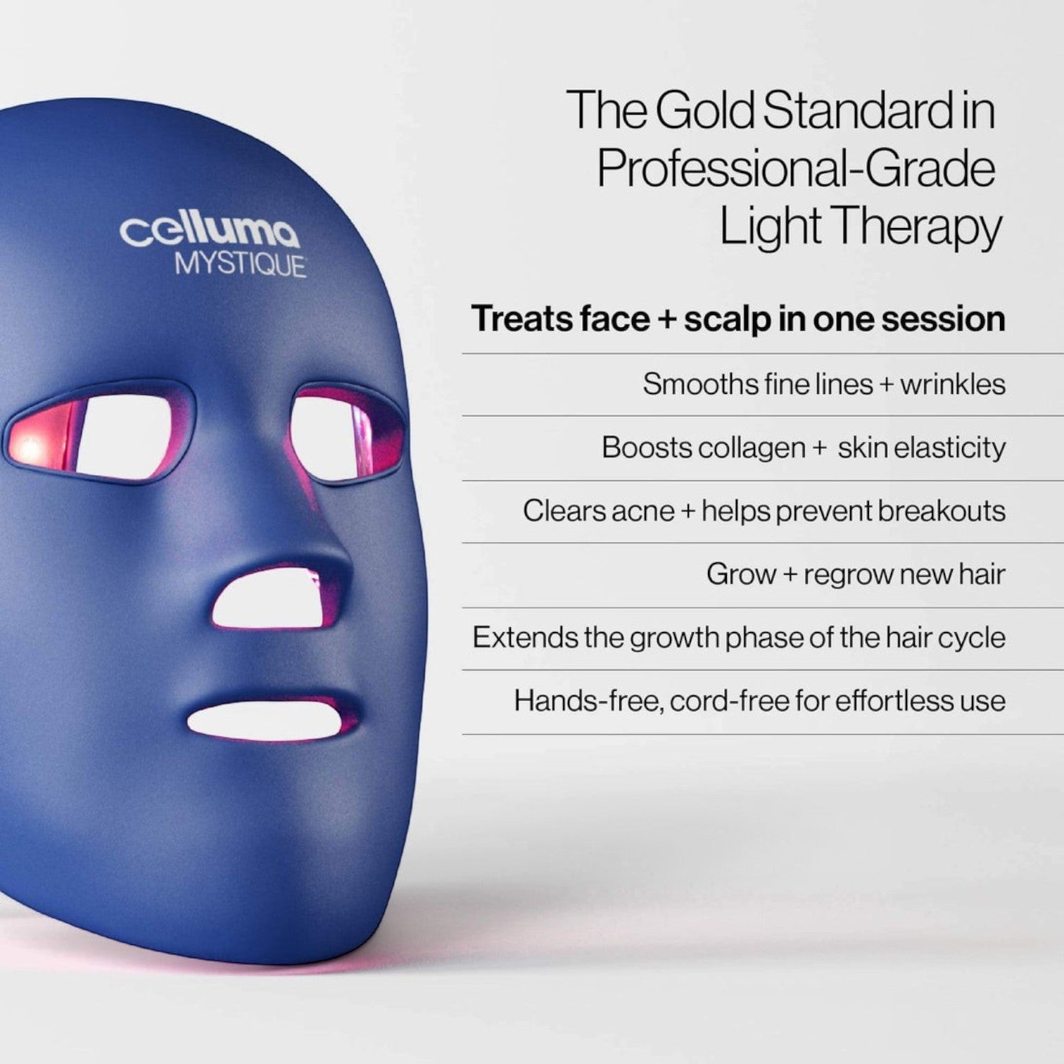 Shop Rescue Spa Celluma Mystique blue LED light therapy mask for face and scalp treatment with glowing red light.