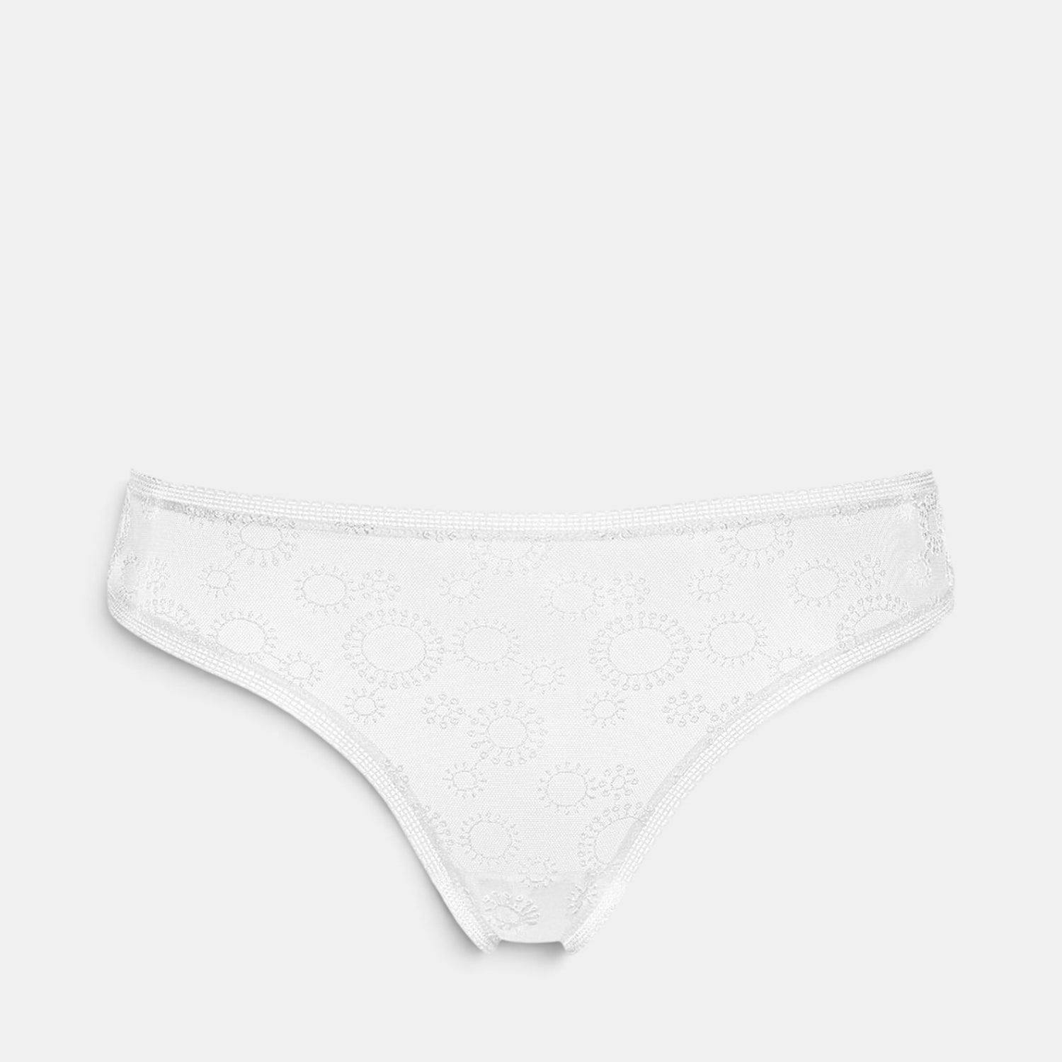 Shop Rescue Spa Champetre Percale white tanga in embroidered stretch tulle with delicate lace trim on edges.