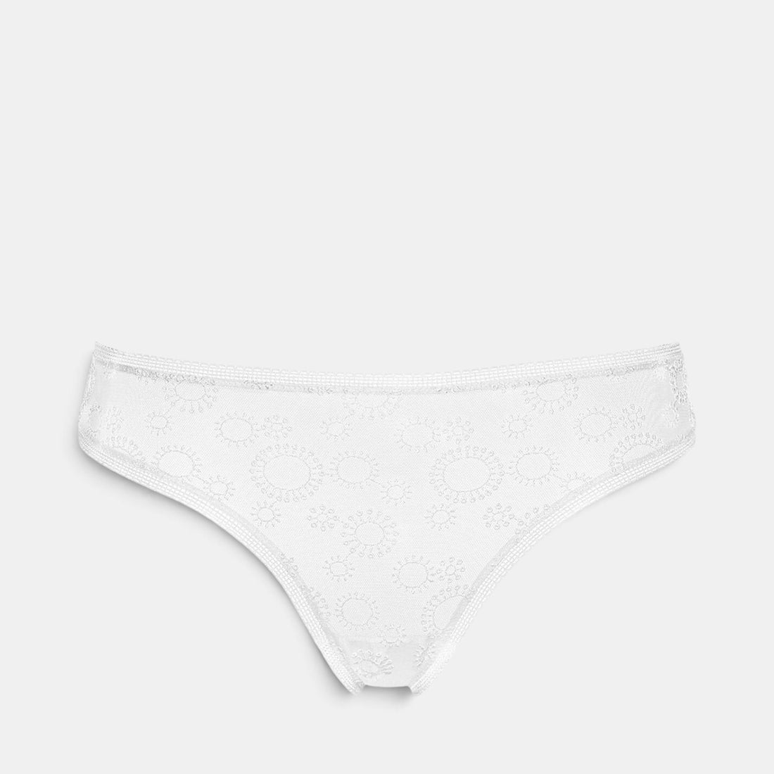 Shop Rescue Spa Champetre Percale white tanga in embroidered stretch tulle with delicate lace trim on edges.