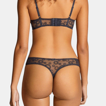 Shop Rescue Spa Champetre SOIR DE LUNE black embroidered stretch tulle tanga with delicate lace trim