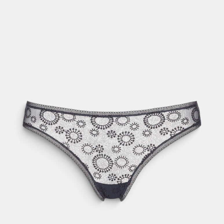 Shop Rescue Spa Champetre SOIR DE LUNE tanga in grey embroidered stretch tulle with delicate lace trim