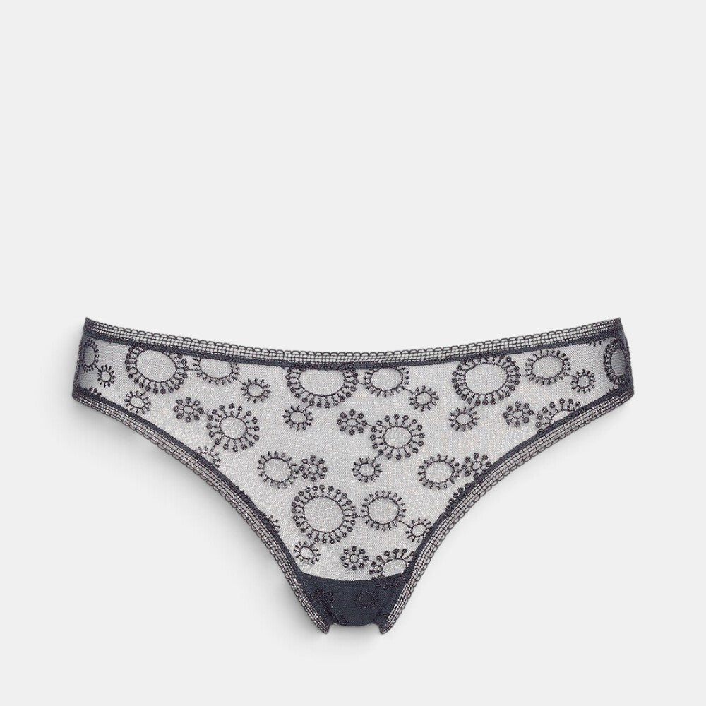 Shop Rescue Spa Champetre SOIR DE LUNE black embroidered stretch tulle tanga with delicate lace trim