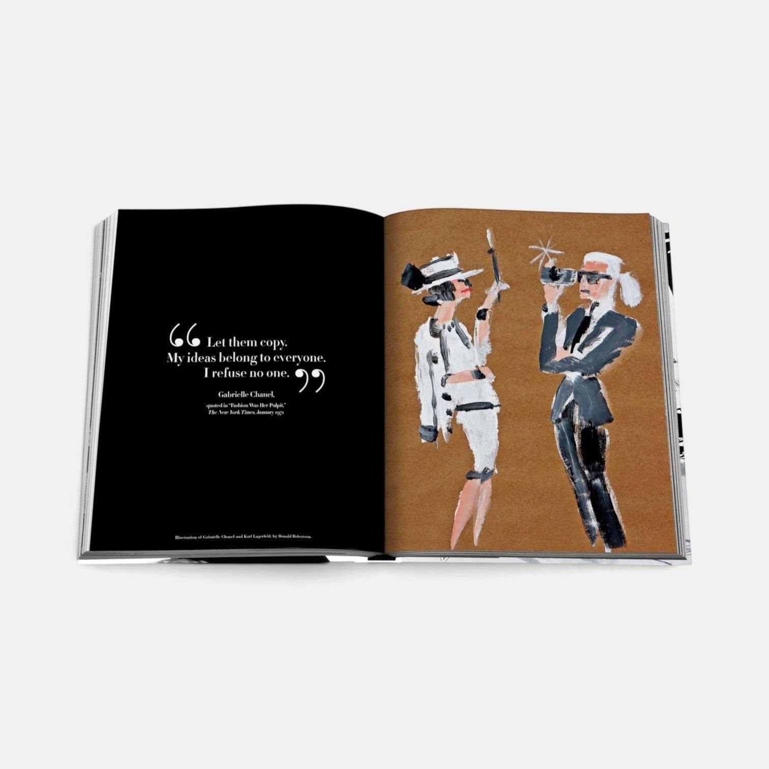 Shop Rescue Spa Chanel The Legend of an Icon book open to a page featuring a fashion illustration of Gabrielle Chanel