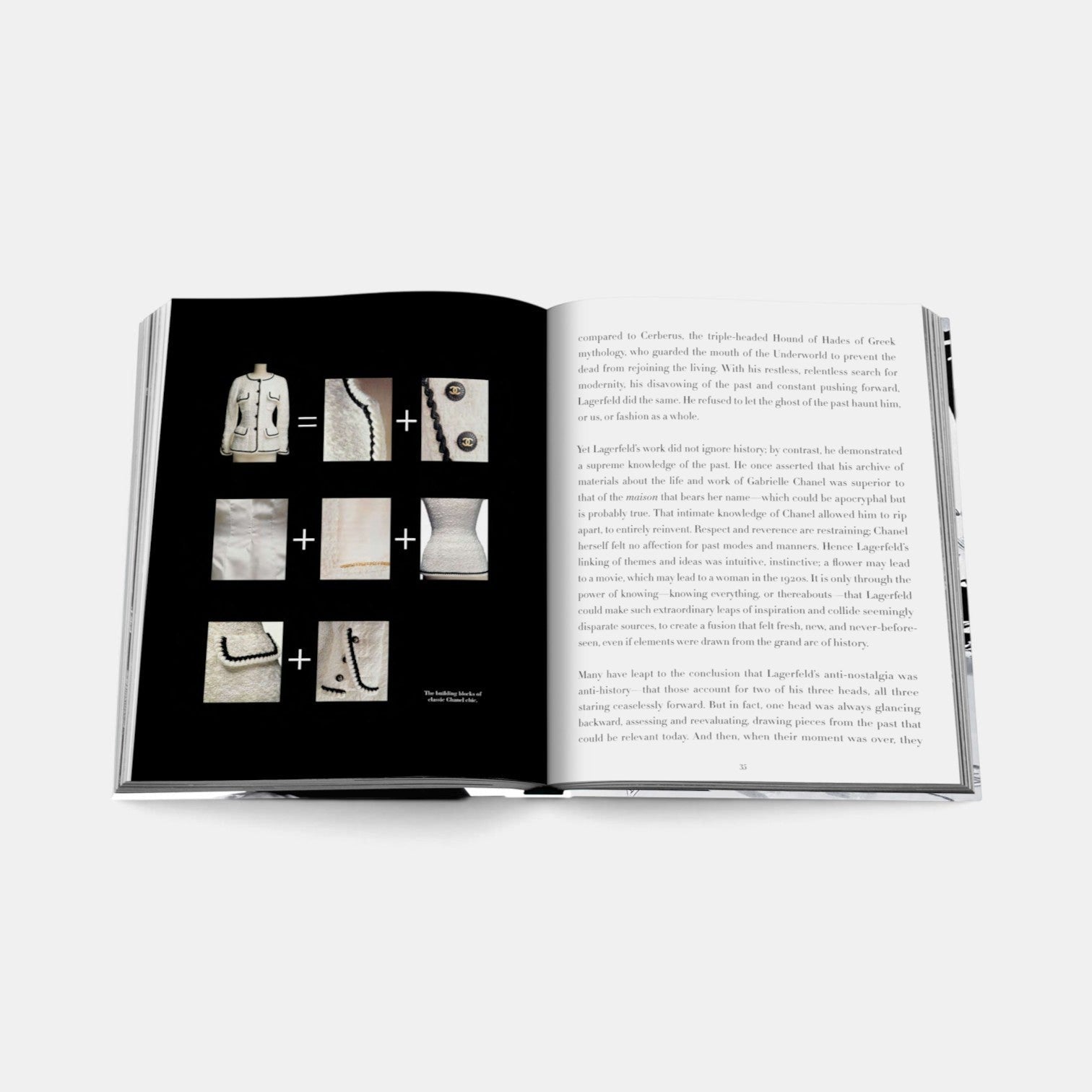 Shop Rescue Spa Chanel The Legend of an Icon book open to a page showing archival fashion design details and text.