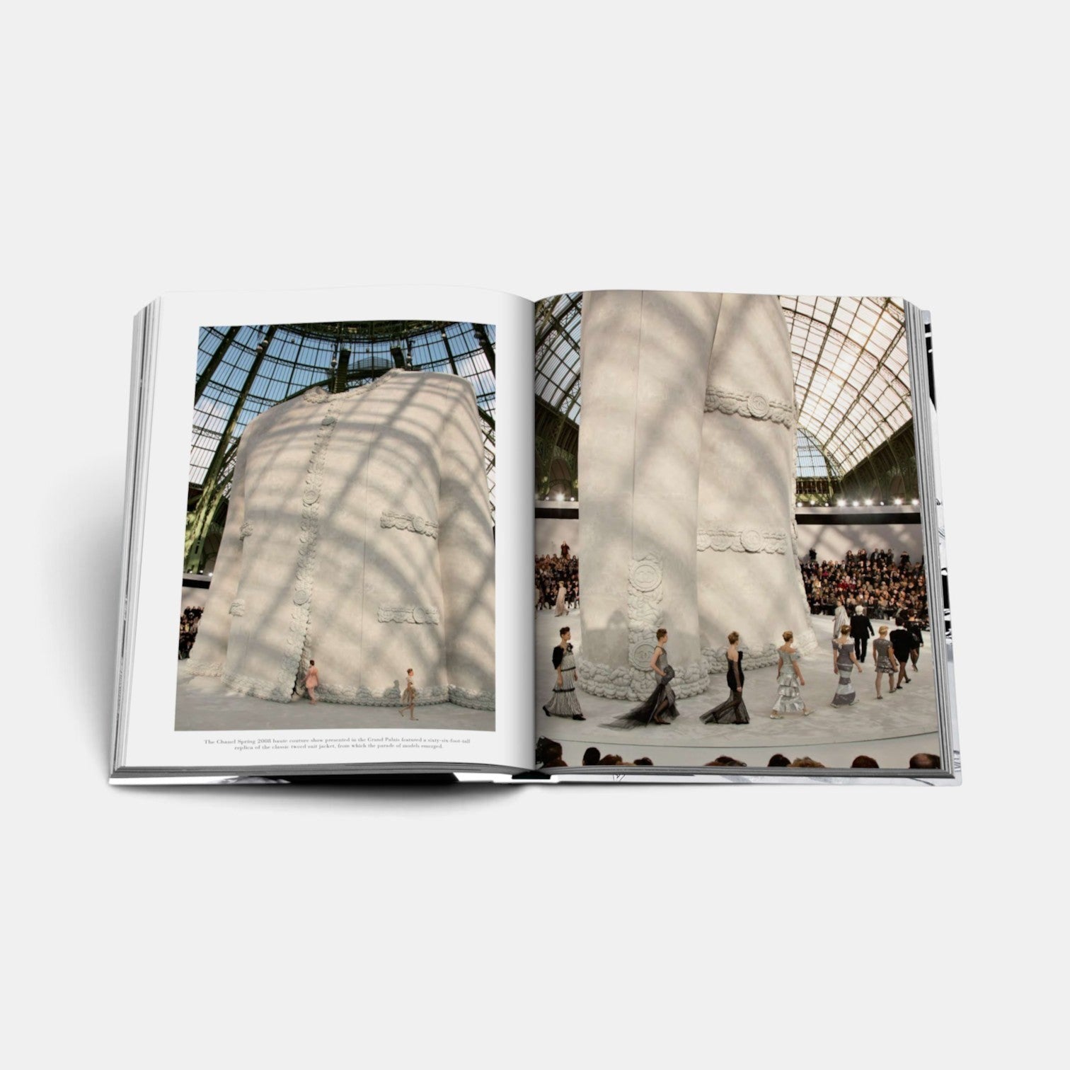 Shop Rescue Spa Chanel The Legend of an Icon book open to a page showing a giant tweed jacket runway installation