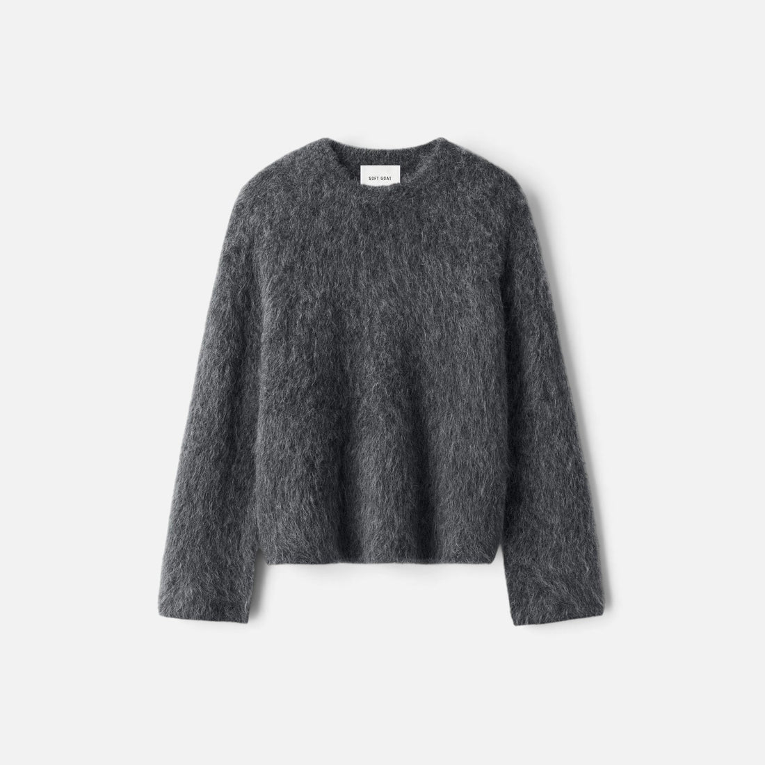 Shop Rescue Spa charcoal grey relaxed fit crewneck sweater in a soft fuzzy alpaca blend knit