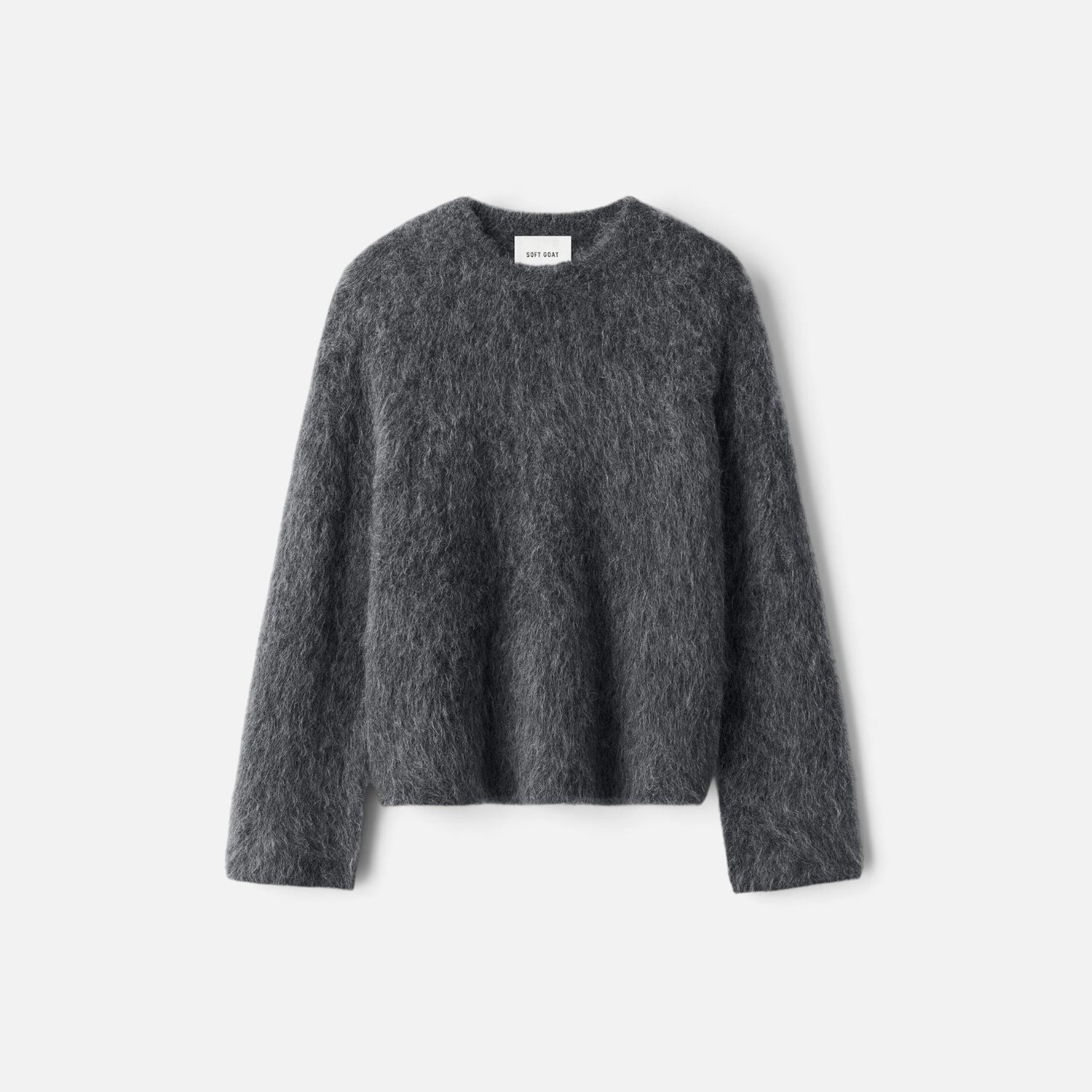 Shop Rescue Spa charcoal grey relaxed fit crewneck sweater in a soft fuzzy alpaca blend knit