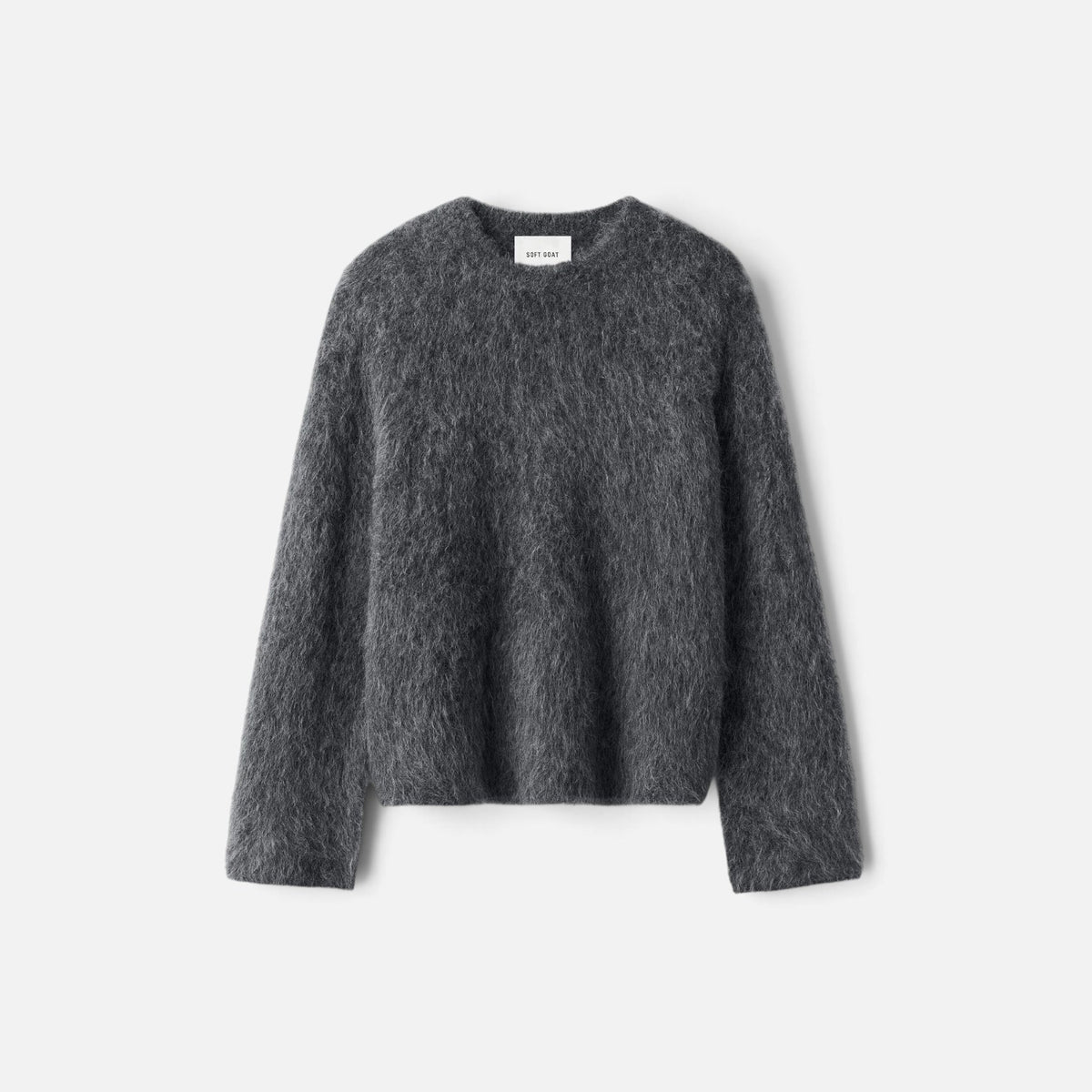 Shop Rescue Spa charcoal grey relaxed fit crewneck sweater in a soft fuzzy alpaca blend knit