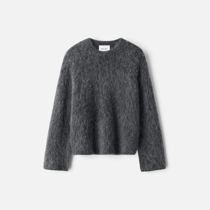 Shop Rescue Spa charcoal grey relaxed fit crewneck sweater in a soft fuzzy alpaca blend knit