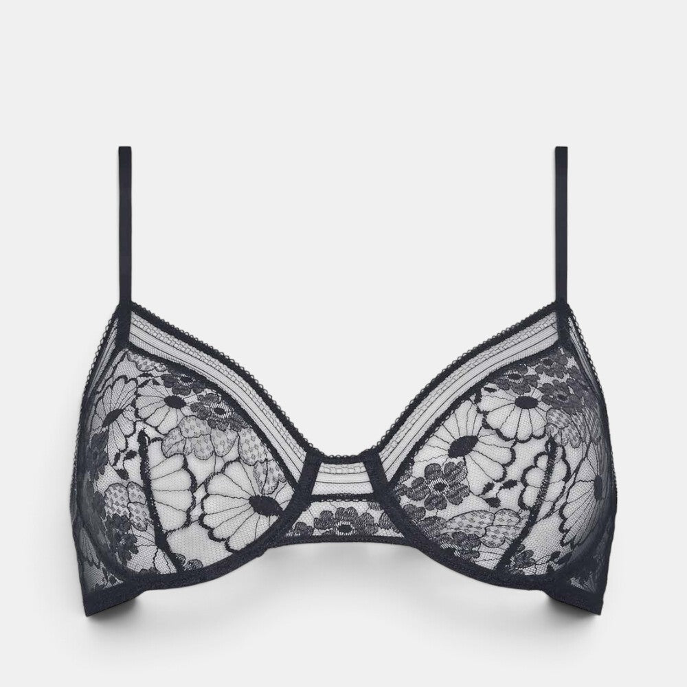 Shop Rescue Spa Chataigne black full-cup bra featuring intricate floral lace detailing and a supportive underwire.