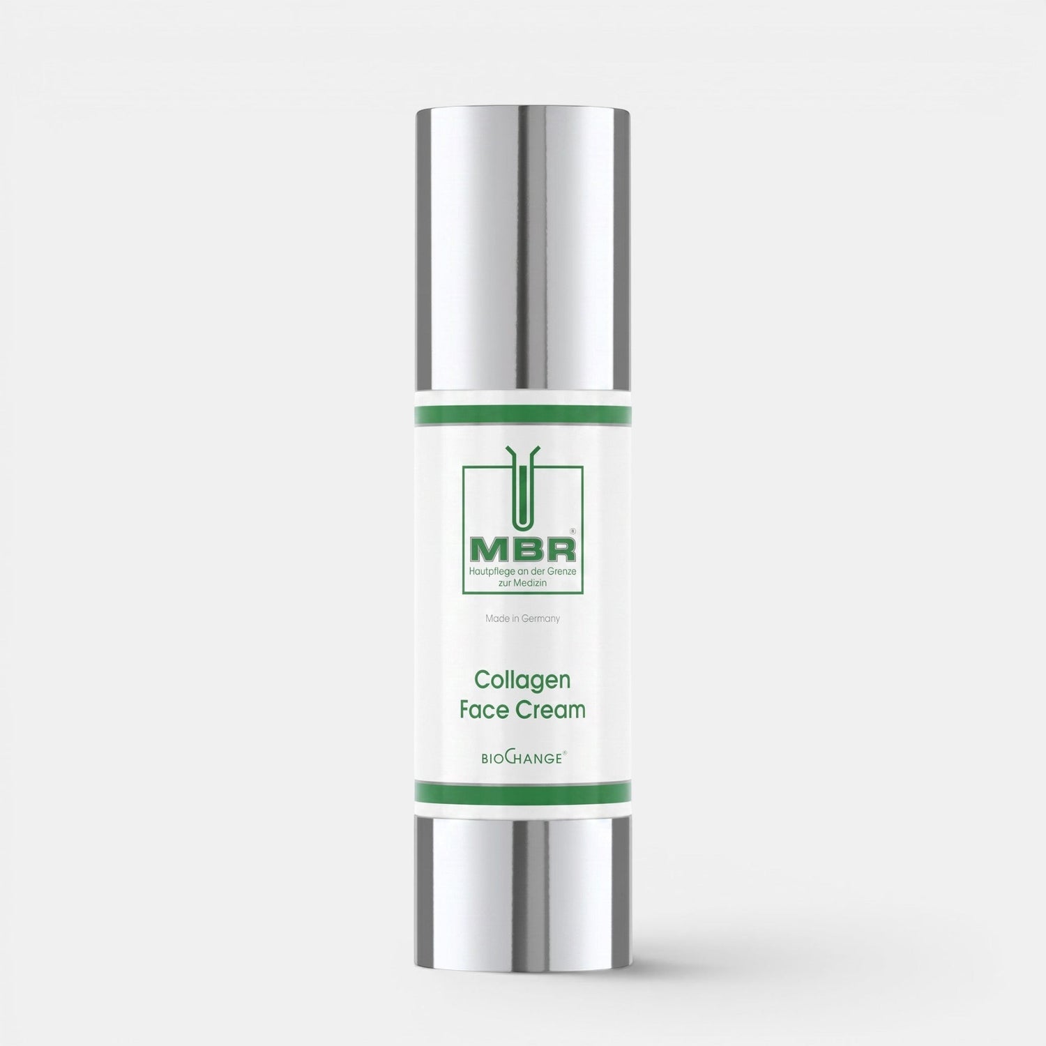 Shop Rescue Spa MBR Collagen Face Cream in a white 50ml pump bottle with silver metallic cap and green accents.