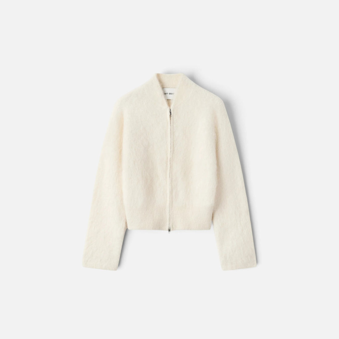Shop Rescue Spa cream alpaca blend zip-up cardigan with a slim fit and plain knit texture.