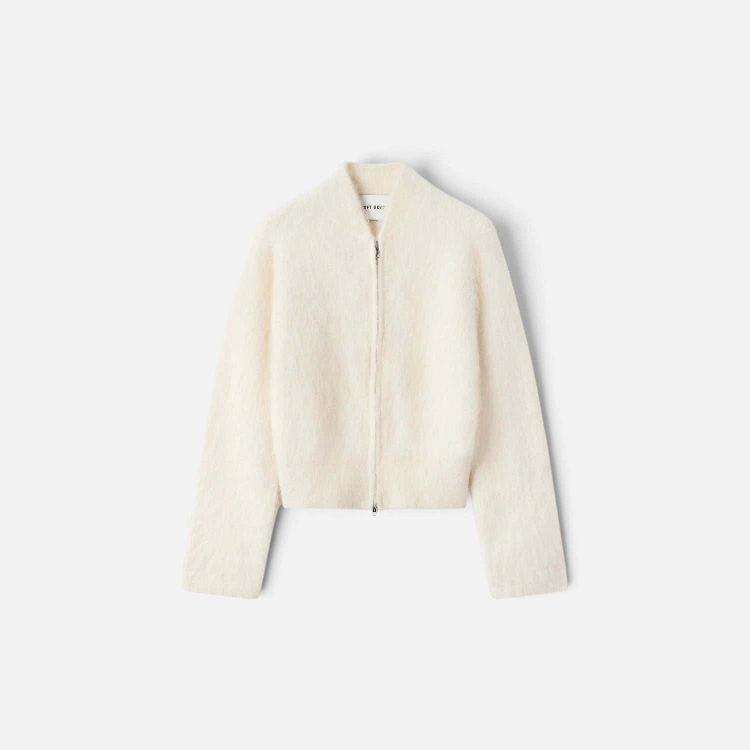 Shop Rescue Spa cream alpaca blend zip-up cardigan with a slim fit and plain knit texture.