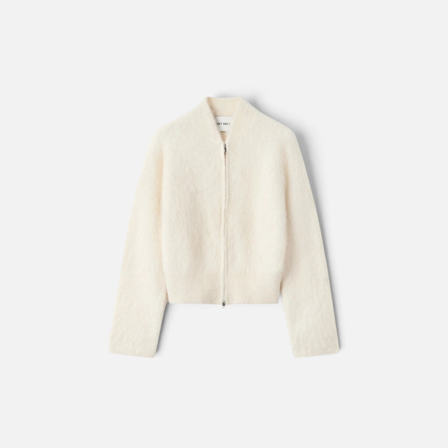 Shop Rescue Spa cream alpaca blend zip-up cardigan with a slim fit and plain knit texture.