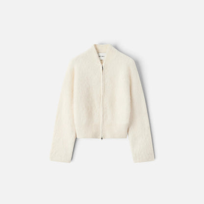 Shop Rescue Spa cream alpaca blend zip-up cardigan with a slim fit and plain knit texture.