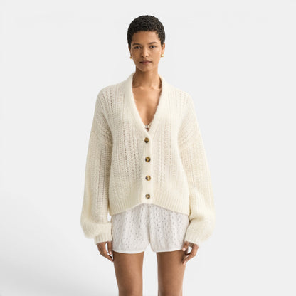 Shop Rescue Spa cream jacquard knit V-neck mohair silk cashmere blend cardigan with button front.