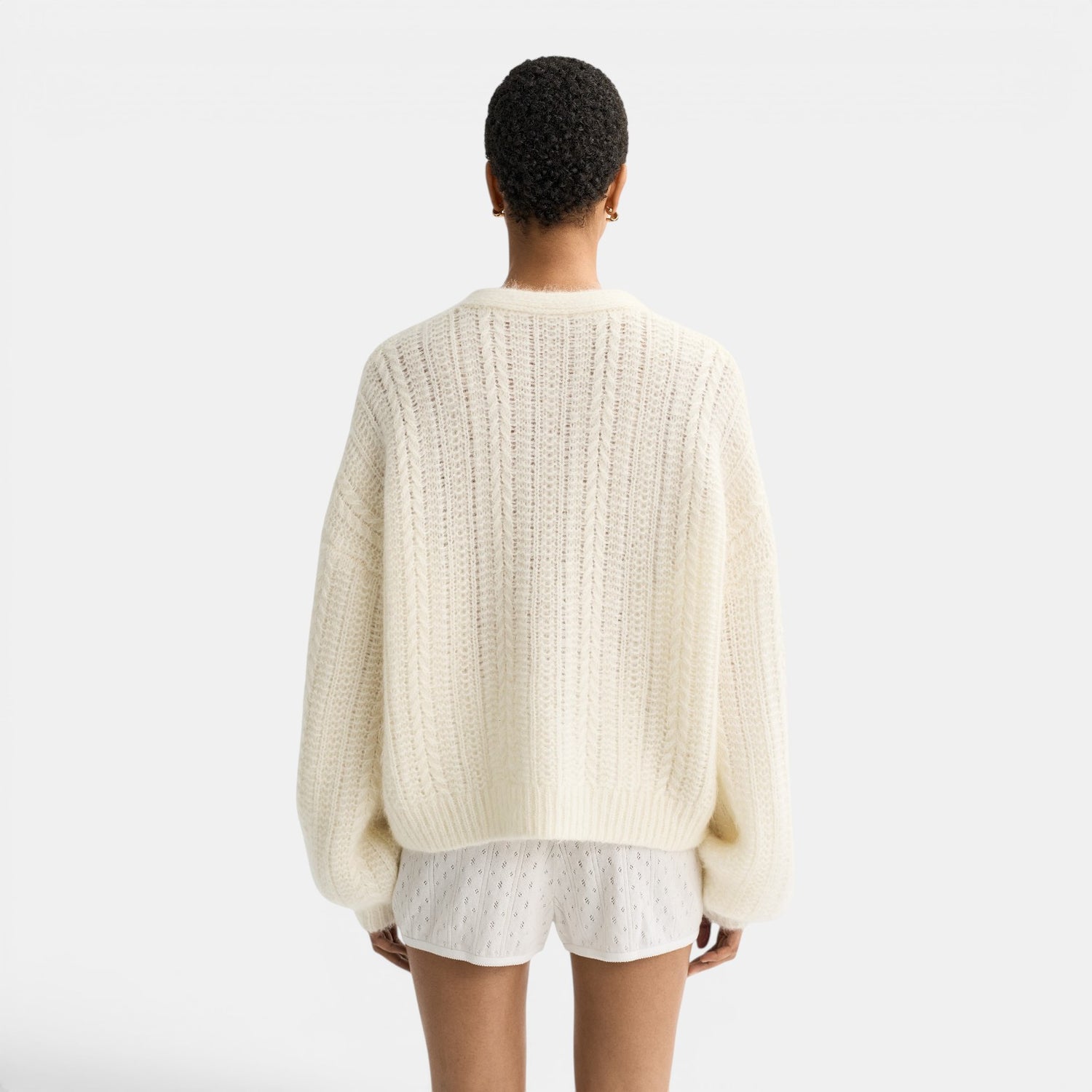Shop Rescue Spa Soft Goat cream jacquard knit V-neck cardigan with mohair, silk, and cashmere blend