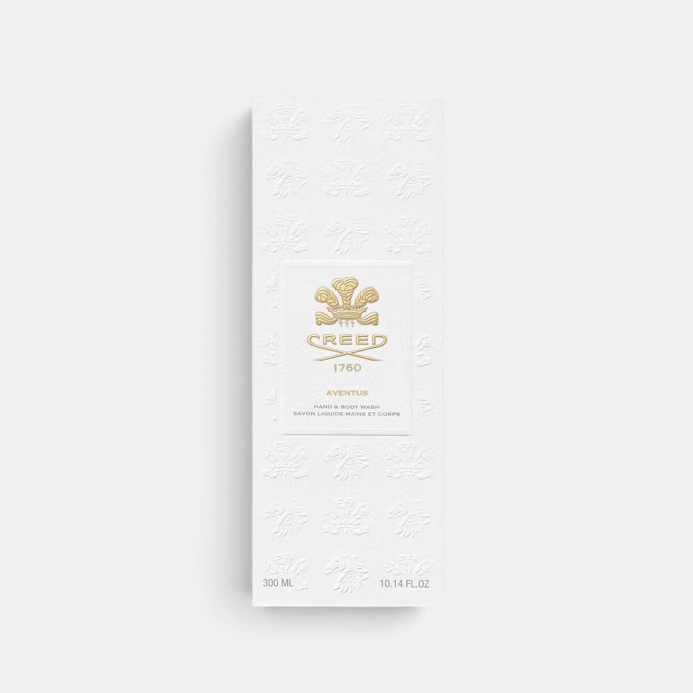 Shop Rescue Spa Creed Aventus Hand &amp; Body Wash in a white embossed box with gold logo detailing.