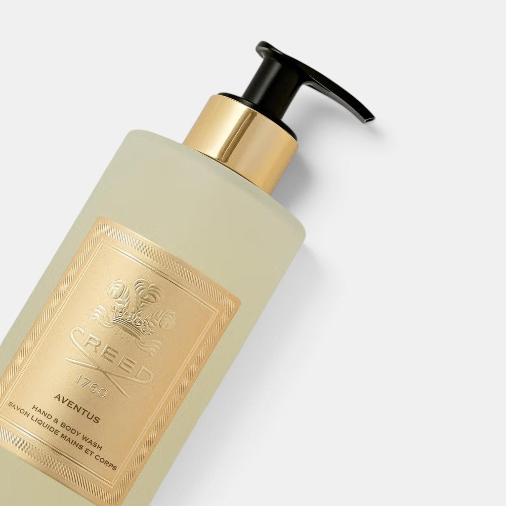 Shop Rescue Spa Creed Aventus hand and body wash in a frosted glass bottle with a gold pump and label.