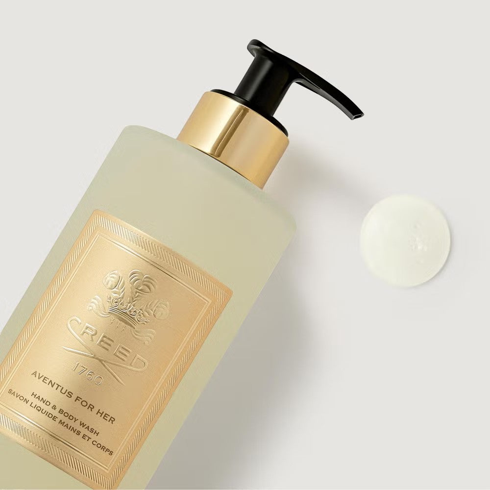 Shop Rescue Spa Creed Aventus For Her hand and body wash in a frosted glass bottle with a gold pump and gel texture.