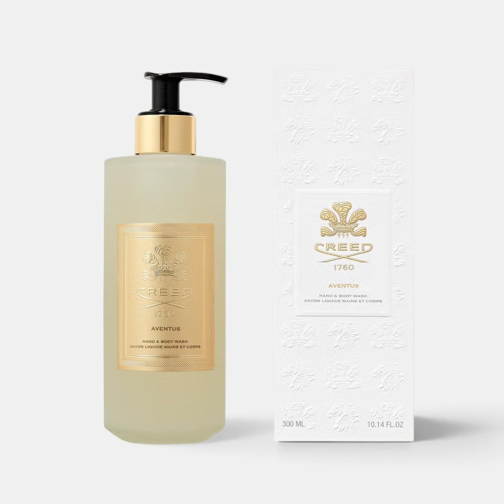 Shop Rescue Spa Creed Aventus Hand &amp; Body Wash in a frosted glass bottle with gold label and matching white box.