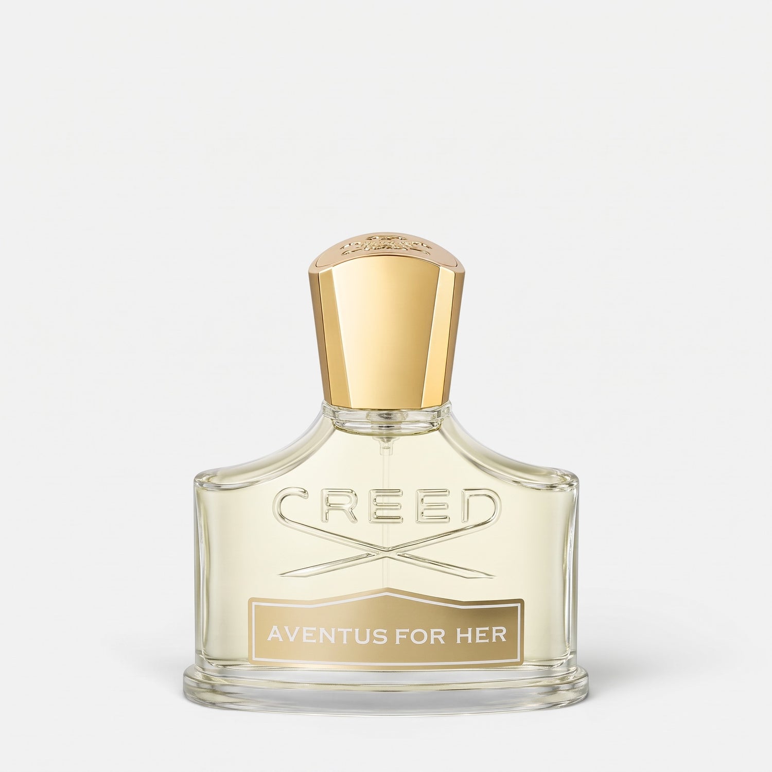 Shop Rescue Spa Creed Aventus For Her perfume bottle with a gold cap and elegant glass design