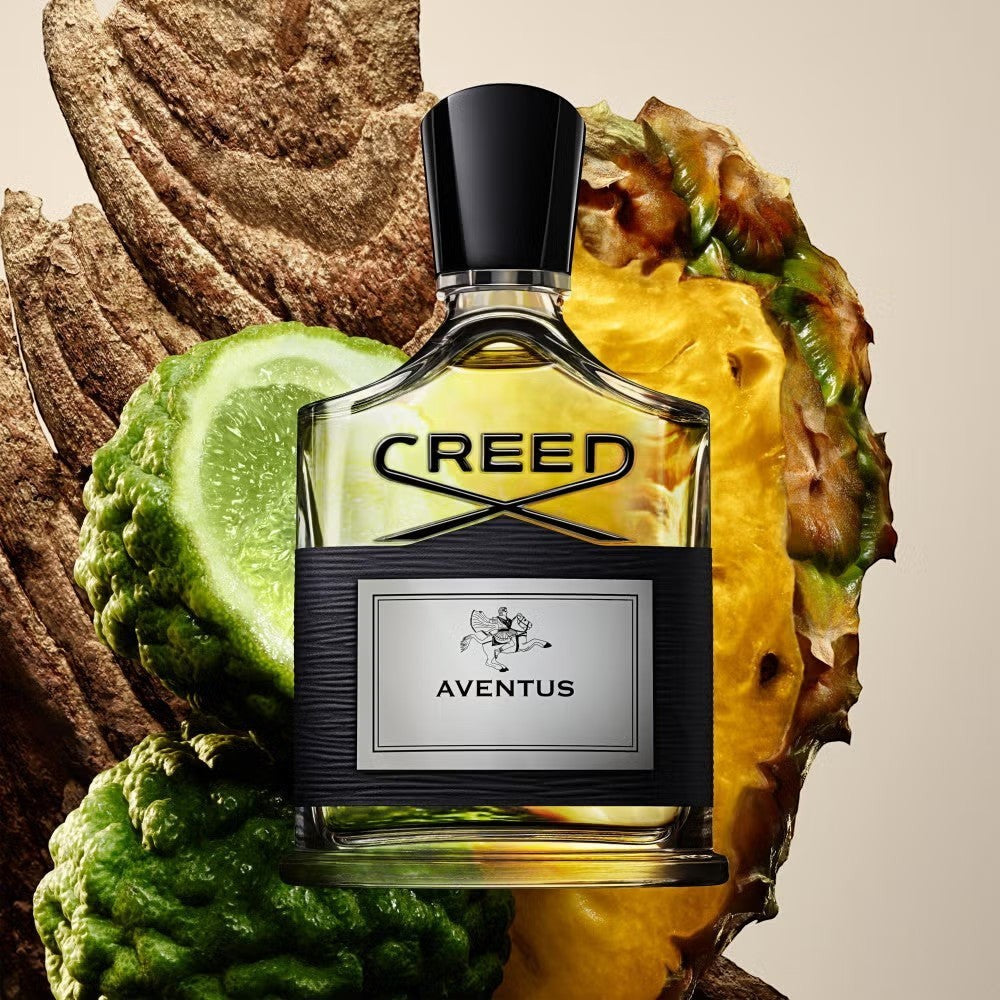 Shop Rescue Spa Creed Aventus fragrance bottle with bergamot, pineapple, and birch wood accents.