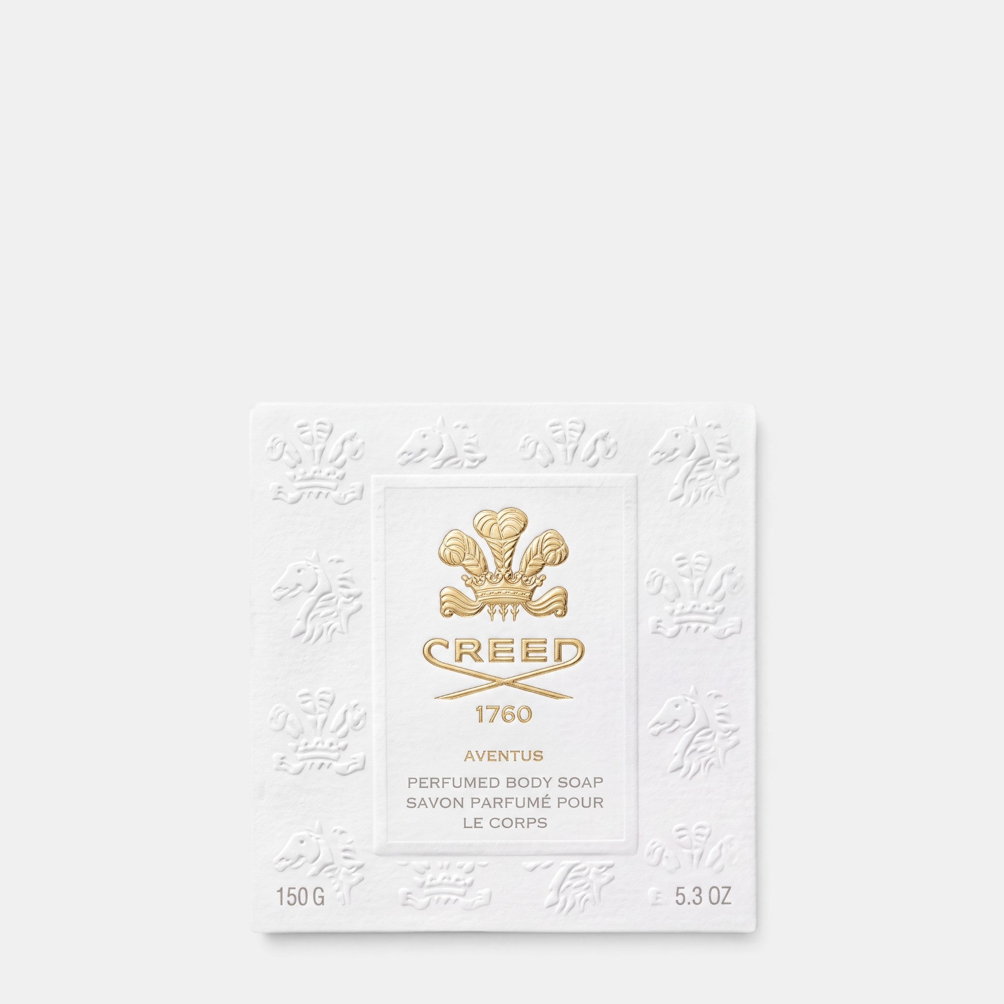 Shop Rescue Spa Creed Aventus perfumed body soap in a white embossed box with gold logo detailing.