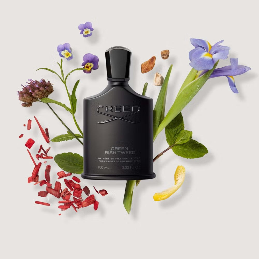 Shop Rescue Spa Creed Green Irish Tweed 100ml fragrance bottle surrounded by fresh botanicals and scent ingredients