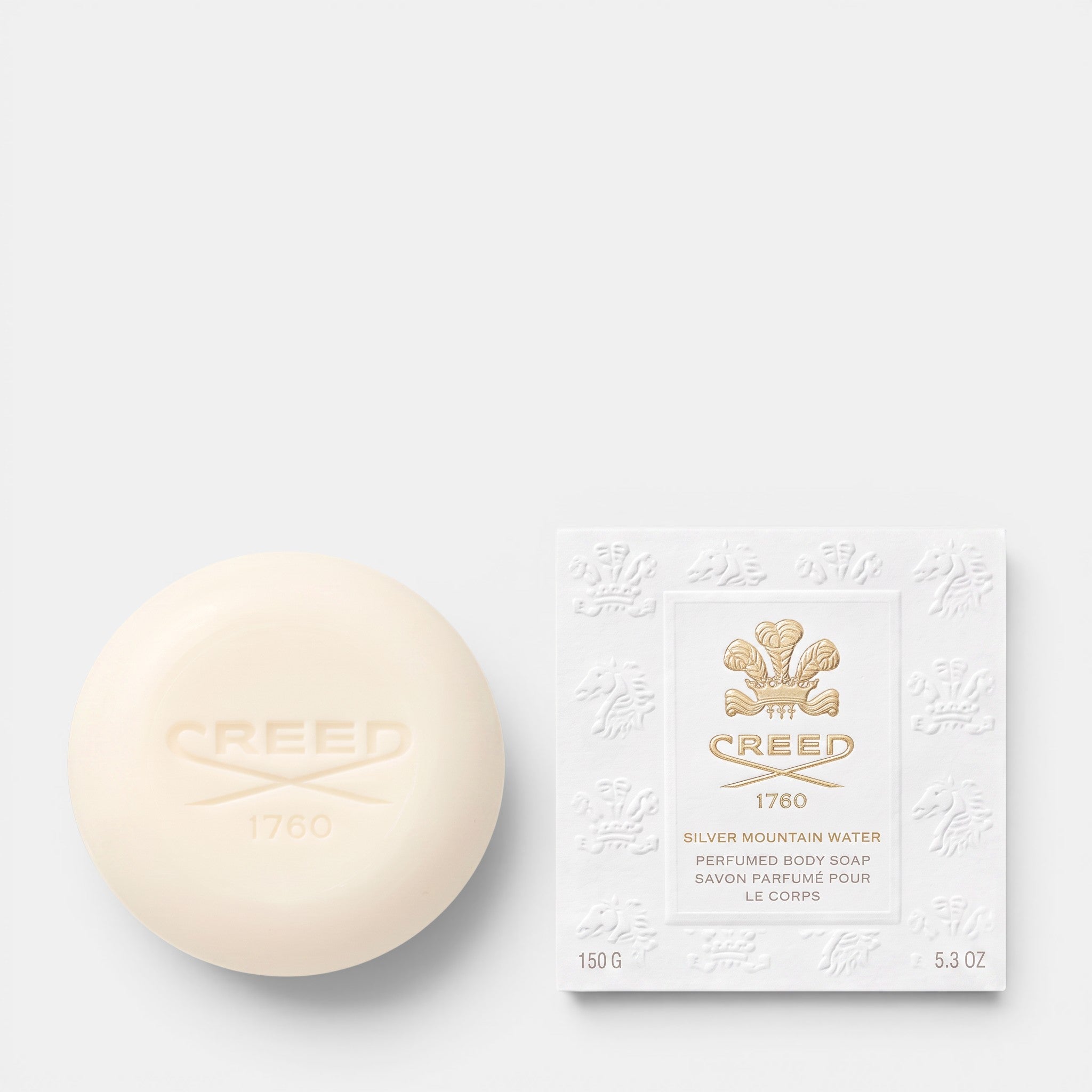 Shop Rescue Spa Creed Silver Mountain Water perfumed soap bar and white embossed packaging box