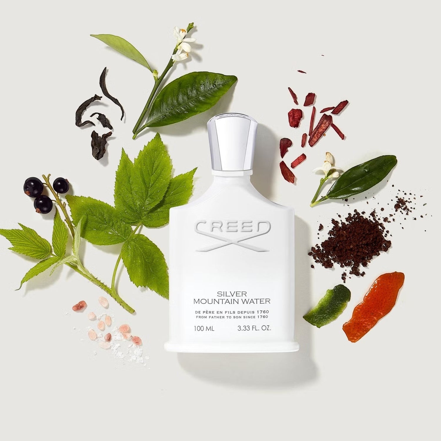 Shop Rescue Spa Creed Silver Mountain Water 100ml perfume bottle surrounded by fresh blackcurrants, tea leaves, and musk