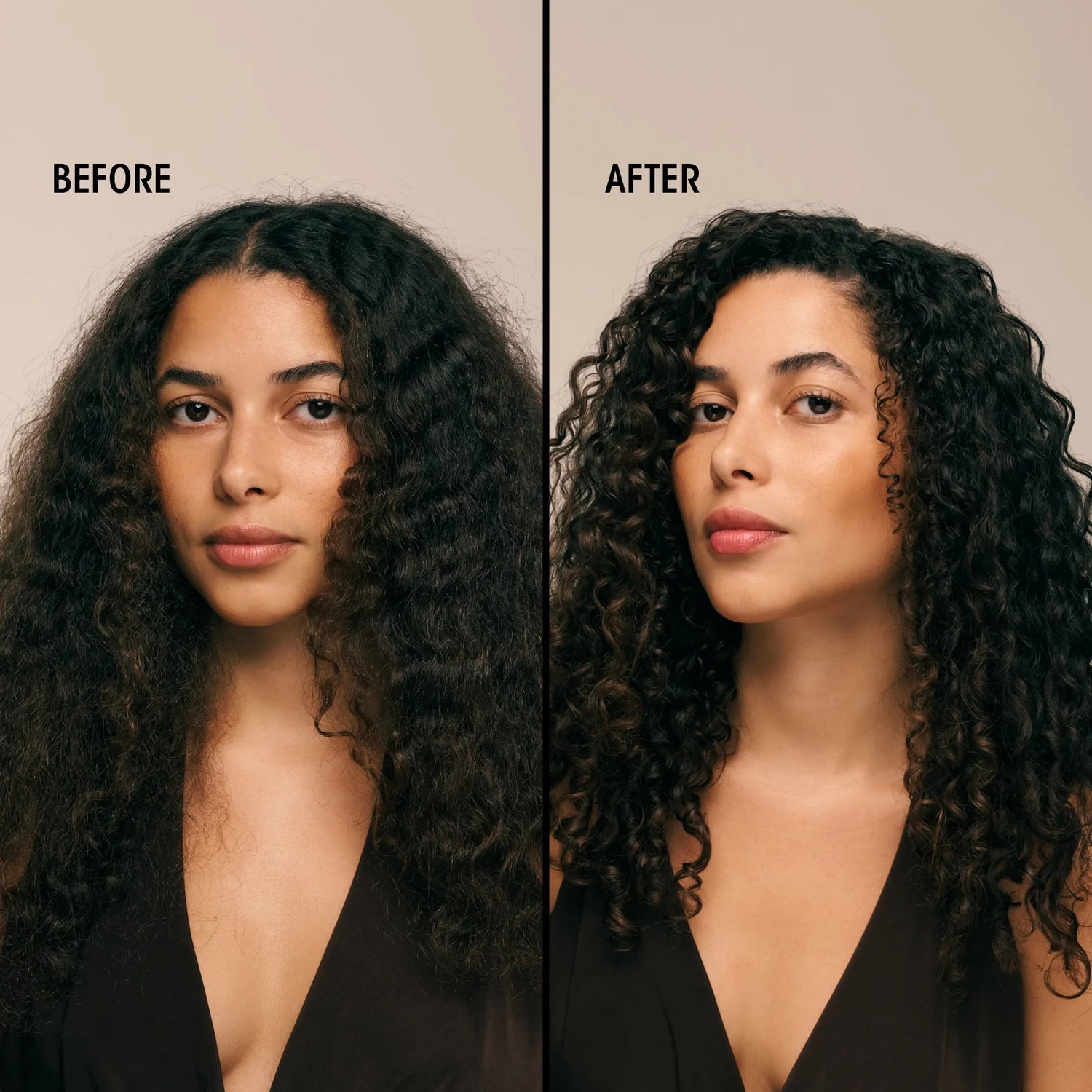 Shop Rescue Spa Creme for Style before and after comparison showing defined, frizz-free curly hair on a woman.