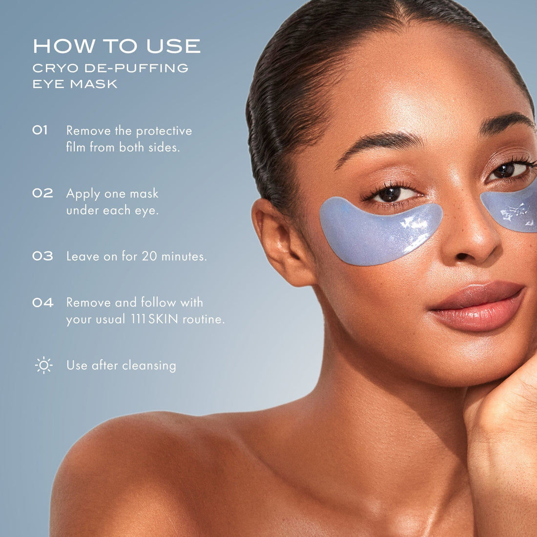 Shop Rescue Spa Cryo De-Puffing Eye Mask on a model, showing application instructions for reducing under-eye puffiness.