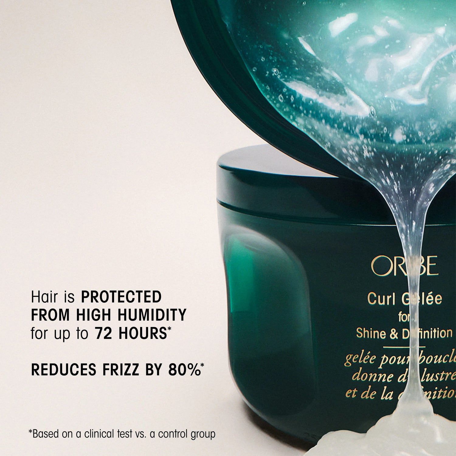 Shop Rescue Spa Curl Gelee for Shine &amp; Definition, a clear gel with air bubbles, pouring from a dark green jar.