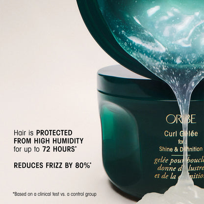 Shop Rescue Spa Curl Gelee for Shine &amp; Definition, a clear gel with air bubbles, pouring from a dark green jar.