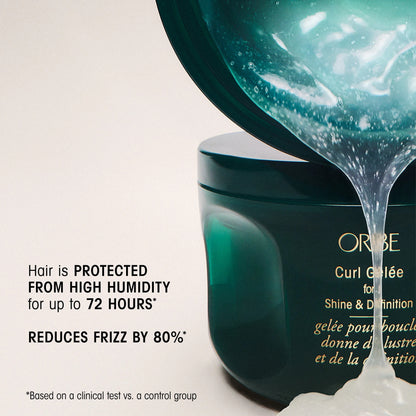 Shop Rescue Spa Curl Gelee for Shine &amp; Definition, a clear gel with air bubbles, pouring from a dark green jar.