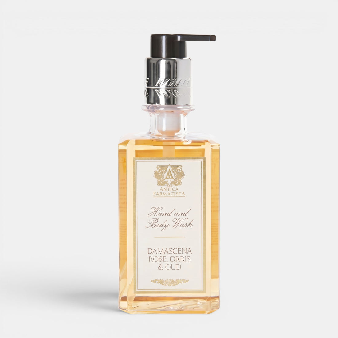 Shop Rescue Spa Antica Farmacista Damascena Rose, Orris &amp; Oud hand and body wash in a clear pump bottle.