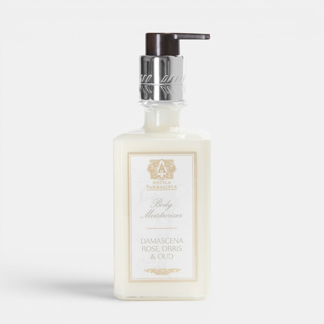 Shop Rescue Spa Damascena Rose, Orris &amp; Oud body moisturizer in a clear 10 fl oz pump bottle with elegant label.