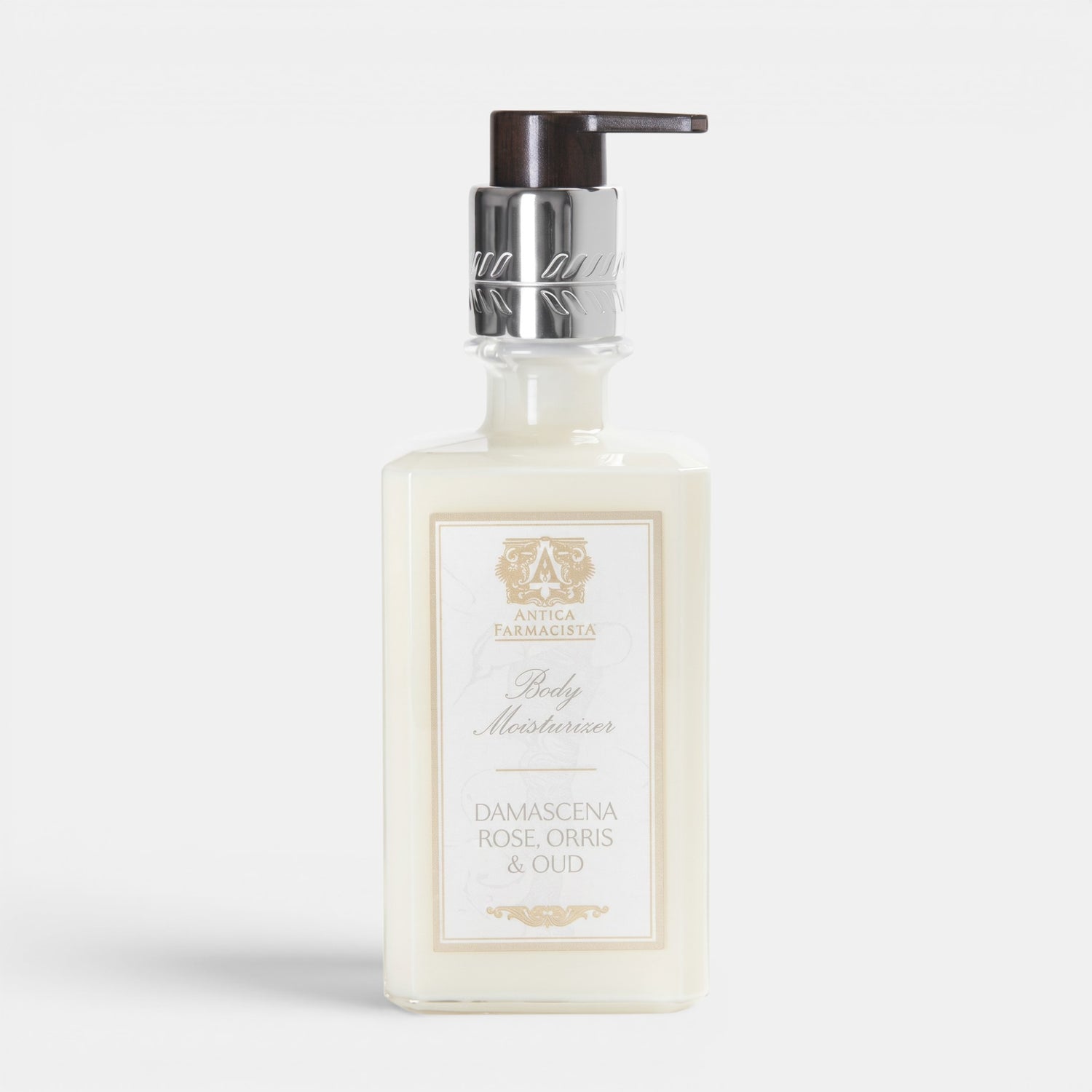 Shop Rescue Spa Damascena Rose, Orris &amp; Oud body moisturizer in a clear 10 fl oz pump bottle with elegant label.