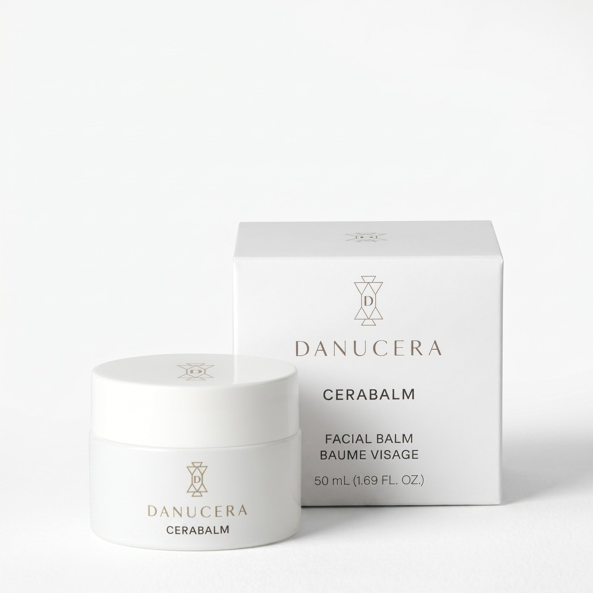 Shop Rescue Spa Danucera Cerabalm facial balm in a white jar and matching box on a clean white background.