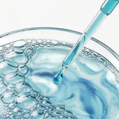 Shop Rescue Spa Danucera Iconic Eye cream texture with a blue serum drop from a glass dropper in a petri dish.