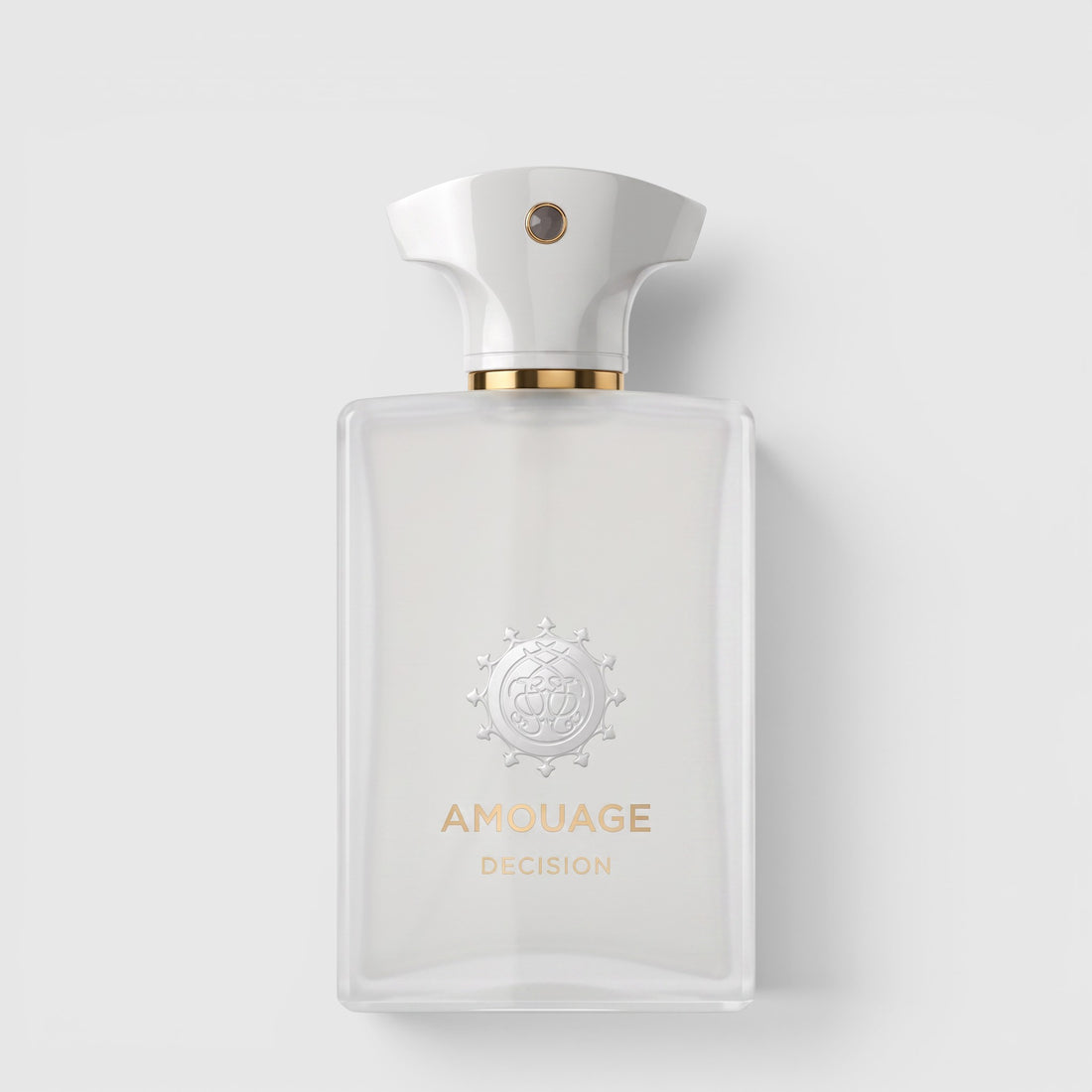 Shop Rescue Spa Decision 100ml perfume bottle with a frosted glass body, white cap, and gold accents.