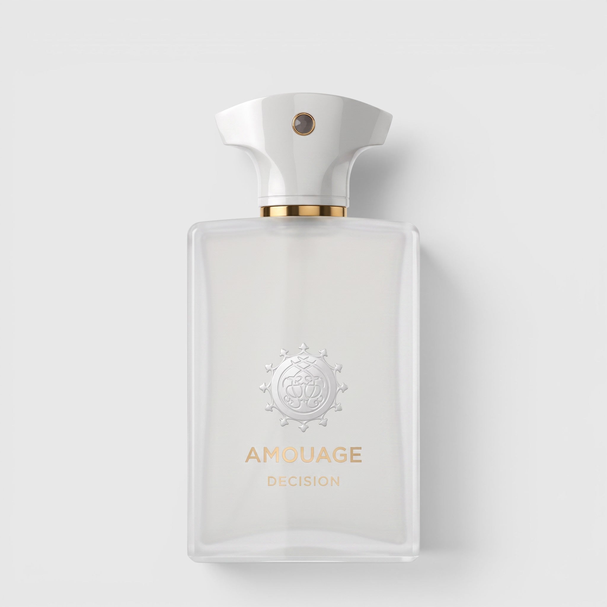 Shop Rescue Spa Decision 100ml perfume bottle with a frosted glass body, white cap, and gold accents.